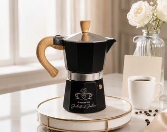 Personalized Moka Pot Espresso Maker – 3 Cup Stovetop Coffee Maker with Wood Handle