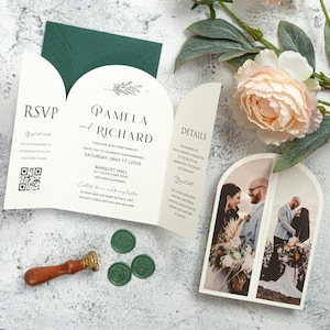 Arch Shape Gatefold Wedding Invitation with Photo, Modern Folded Wedding Invite with QR Code RSVP and Details, Invitation and Inserts