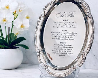 Engraved Silver Tray Bar Menu or Seating Table Wedding Keepsake