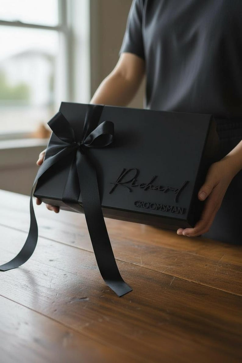 以下が含まれることがあります： 黒いギフトボックス。黒いリボンが結ばれ、蓋には「Richard」と「Groomsman」の文字がエンボス加工されています。ボックスは人が持っており、背景はぼやけています。
