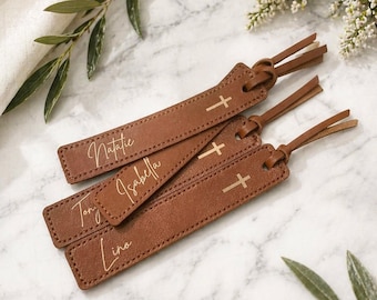 Personalized Leatherette Bookmark Favors Custom Name Cross Confirmation Baptism Communion Wedding Keepsake
