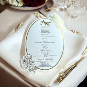 Cartes de menu de luxe - Impression de forme ovale de feuille d'or - Étiquette nominative 3D personnalisée - Essentiels du mariage / Commande min. de 30