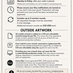 May include: An informational graphic titled PROOFING & TIMELINE and OUTSIDE ARTWORK. It lists business day timelines, revision policies, and fees for external files, including Canva files, with icons for calendars, clocks, and warning signs.