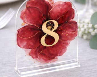 6x6 Acrylic Table Number Signs, Floral Wedding Decor, Raised Gold Numbers