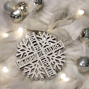 Personalized Family Names Snowflake Ornament: Silver Acrylic Christmas Decor