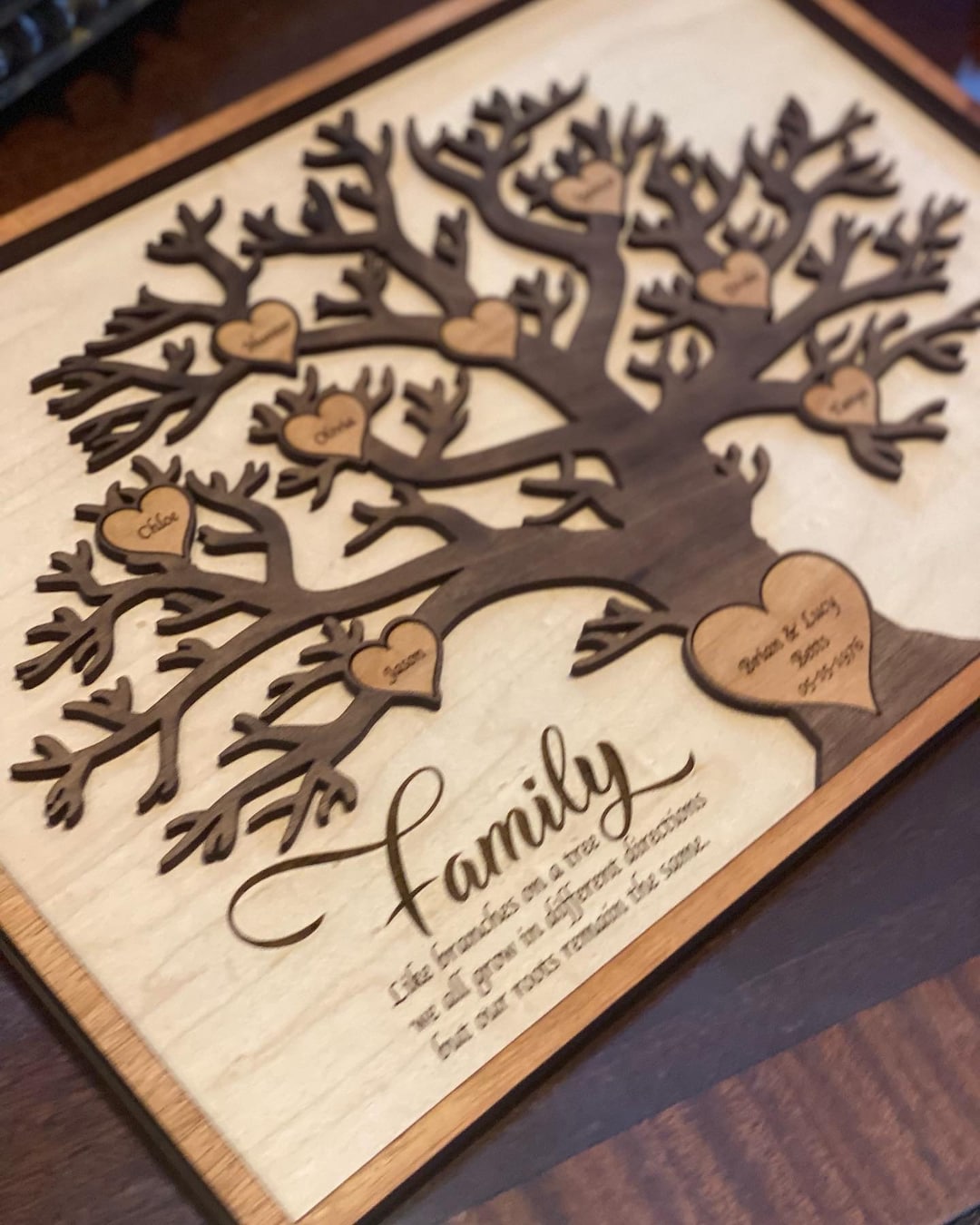 Wood Family Tree Wall Hanging, Engraved Gift for Anniversary Wedding