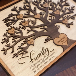 16&quot;x24&quot; Personalized Wooden Family Tree with Engraved Hearts | Custom Framed Wall Art Gift