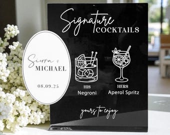 Custom Acrylic Signature Cocktail Sign: Wedding Bar Menu, His & Hers Drinks