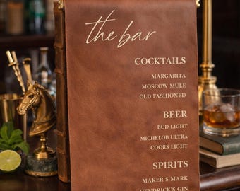 Custom Leather Bar Sign | Wedding Drink Menu | Cocktail Display Sign