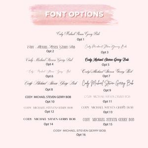 May include: A chart titled FONT OPTIONS displaying sixteen distinct typography styles. Each option features the name Cody Michael Steven Gerry Bob in a unique typeface, ranging from elegant cursive scripts to bold, clean, and modern sans-serif fonts.