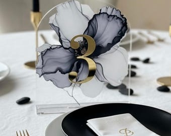 6x6 Acrylic Table Number Signs, Floral Wedding Decor, Raised Gold Numbers
