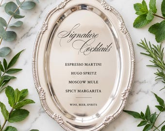 Engraved Silver Tray Bar Menu or Seating Table Wedding Keepsake