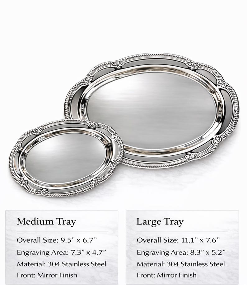 May include: Two oval silver-colored stainless steel trays with mirror finishes and decorative beaded edges. The medium tray measures 9.5 inches by 6.7 inches, and the large tray measures 11.1 inches by 7.6 inches, both featuring specific engraving areas.