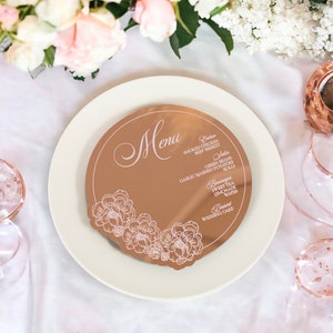 Superbe carte de menu ronde en acrylique miroir | Décoration de salle à manger élégante | Impression UV