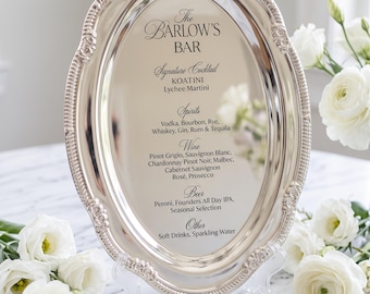 Engraved Silver Tray Bar Menu or Seating Table Wedding Keepsake