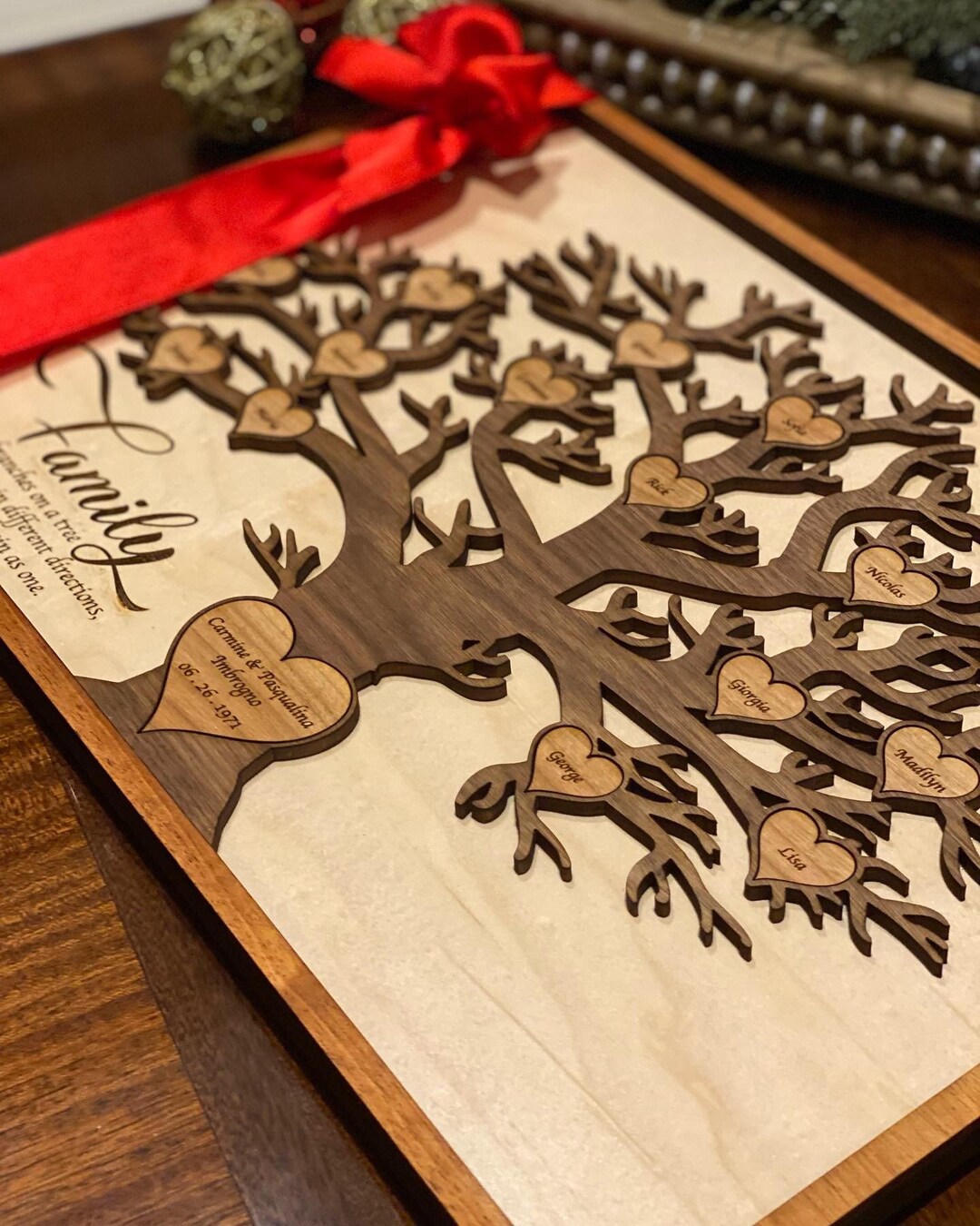 30 Wood Family Tree Wall Hanging, Engraved Gift for Anniversary Wedding