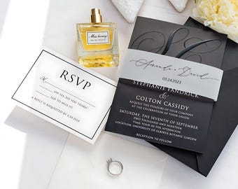 Black on Black Wedding Invitation Suite – RSVP Cards & Marble Accents