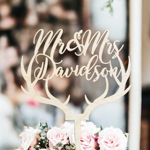 Rustic Deer Antler Wedding Cake Topper: Personalized Wood, Gold, Silver