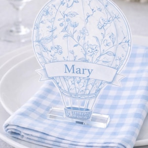 Marque-places personnalisés en acrylique en forme de montgolfière pour décoration de table de baby shower