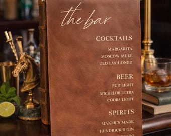 Custom Leather Bar Sign | Wedding Drink Menu | Cocktail Display Sign