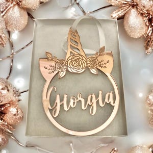 Personalized Unicorn Christmas Ornament – Rose Gold, Gold, Silver Mirror | Unique Holiday Decor Gift for Unicorn Lovers