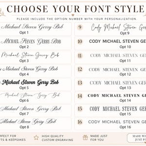 Pu&ograve; includere: Una grafica beige con opzioni di stile del carattere. Il testo "CHOOSE YOUR FONT STYLE" &egrave; in alto. Sedici stili di carattere sono visualizzati con il nome "Cody Michael Steven Gerry Bob" in diversi caratteri. Il testo "PERFECT FOR GIFTS & KEEPSAKES" &egrave; in basso.