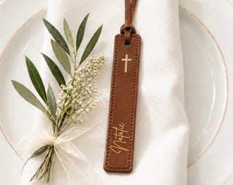 Personalized Leatherette Bookmark Favors Custom Name Cross Confirmation Baptism Communion Wedding Keepsake