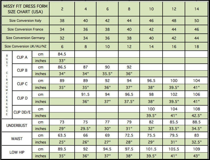 Pattern B Size Chart DIY Dress Form Sewing Pattern (PDF) - Mannequin Size 6 (bra Cups B, C ...
