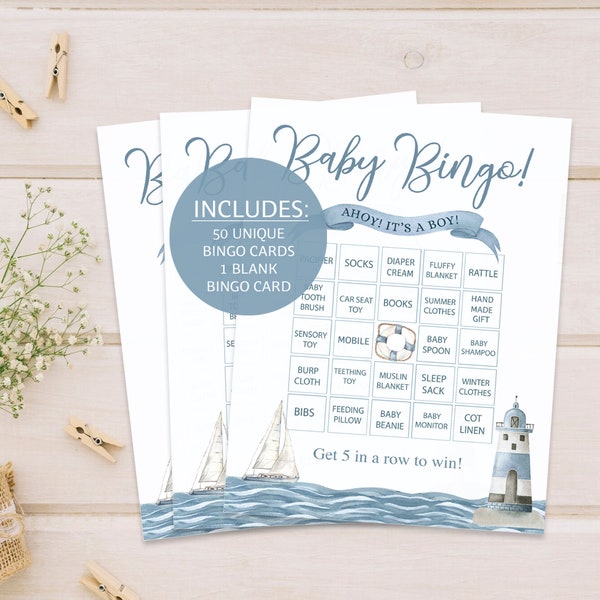 Nautical Baby Bingo, INSTANT DOWNLOAD, Pre-filled Ahoy It's a Boy Baby Shower Game Fun Activity Diy PDF Printable, sailor themed baby shower