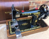 Antique Vintage Singer 128, 128K handcrank Sewing Machine with bentwood case