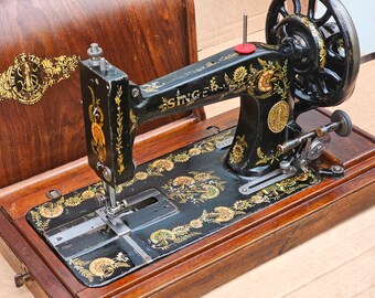 Antique Singer 48K Sewing Machine with Case and Ottoman Carnation Decals