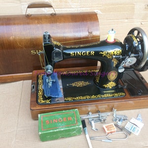 Singer 128, 128K antique Hand crank Sewing machine with Rococo decals