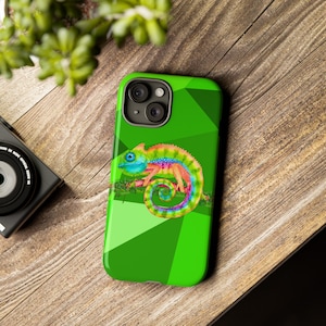 iPhone Case Dual Layer Protection Colorful Lizard on Branch- Geometric Green Background