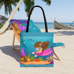 Kinder Strandtasche ScubaSchnorcheln Mädchen Kinder unter dem Meer Fisch Blau Bunt Allzweck-Strandtasche Swim Tote Carryall 3 Größen