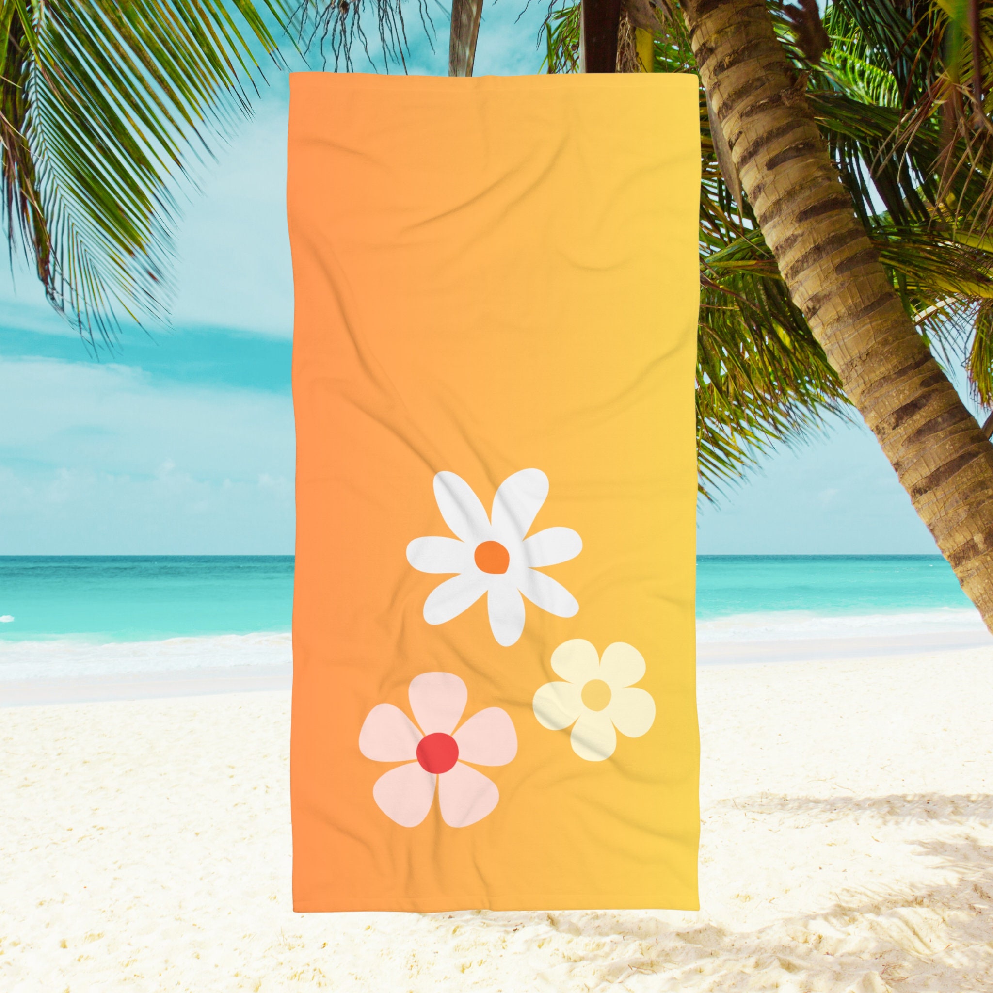 Retro 70s Floral Beach Towel: Orange Sunshine, Quick Dry - Etsy