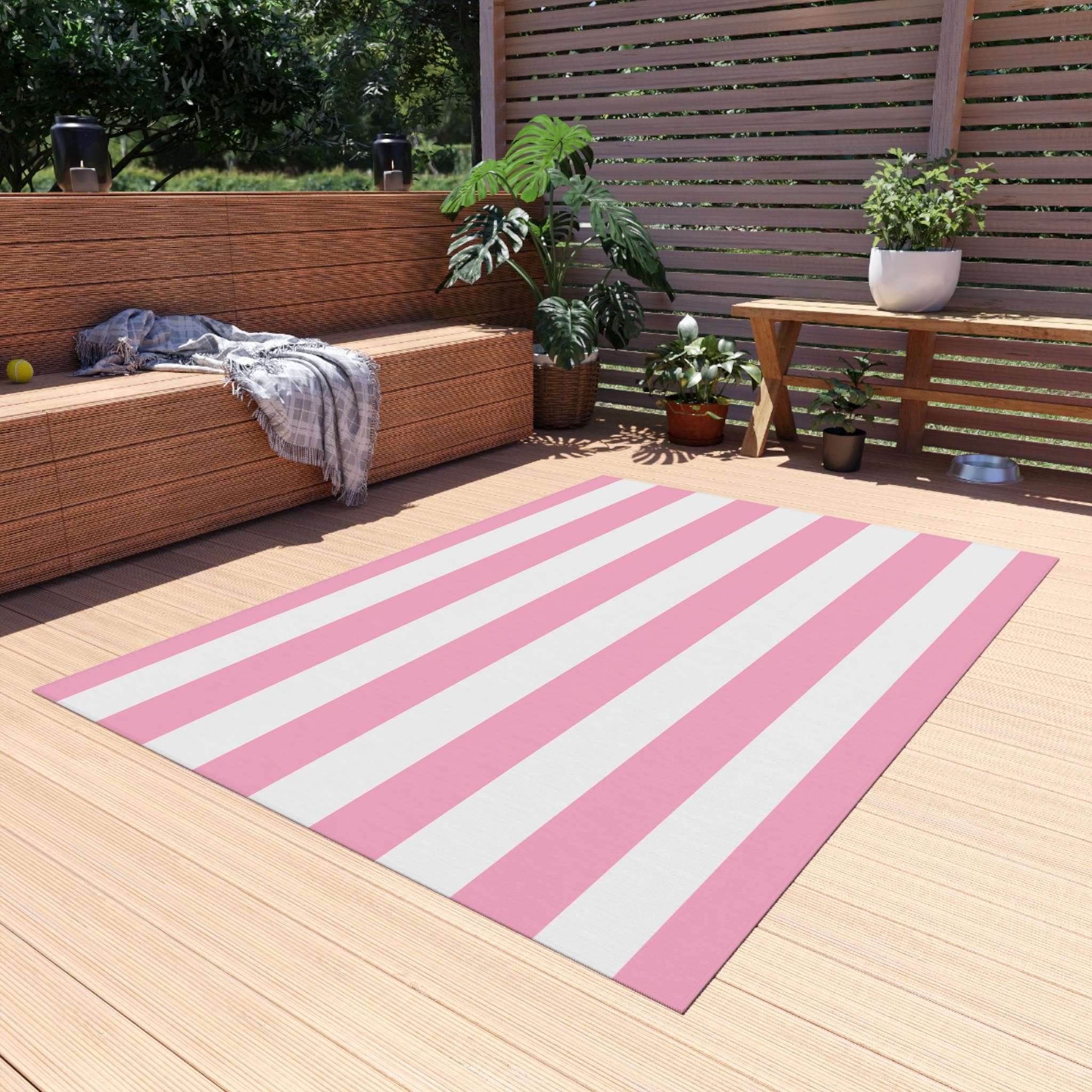 Stylish Pink Striped Outdoor Rug for Patios, Garden, Porch Decor ...