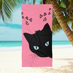 Toalla de playa Summer Vibes con diseño de gato negro y fondo rosa, ideal para amantes de los animales, de secado rápido, extragrande, para piscina, en dos tamaños.