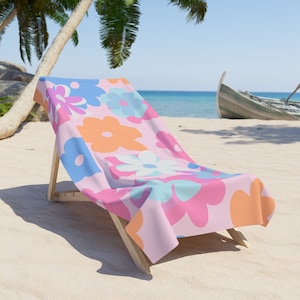 Serviette de plage rétro zen inspirée des années 70 Flower Power colorée rose bleu blanc Orange été surdimensionné à séchage rapide 2 tailles