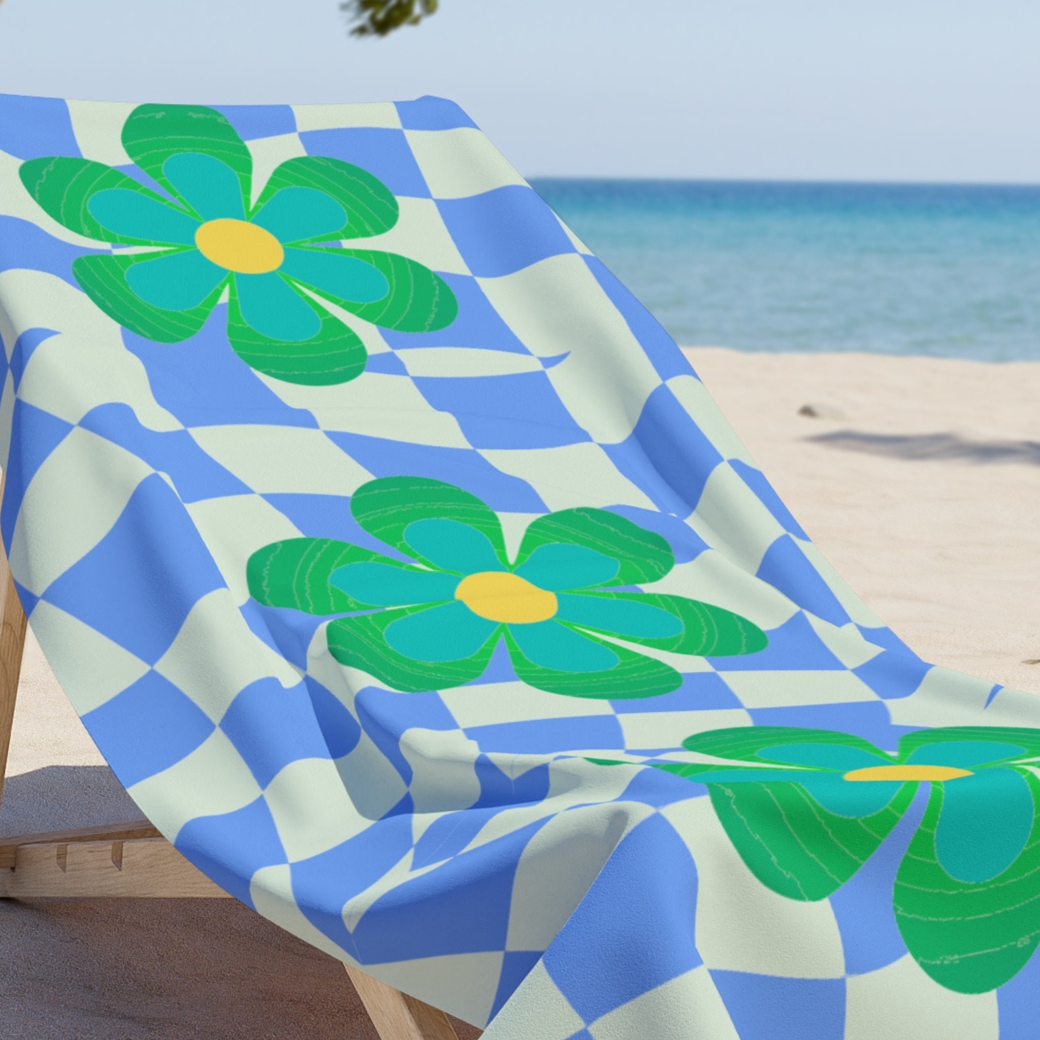 Retro 70s Daisy Flower Beach Towel - Blue & Green Checkerboard - Etsy