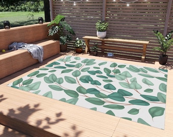 Soft Fall Green Vines on Muted White Outdoor Patio Deck Rug Weather Resistant Durable