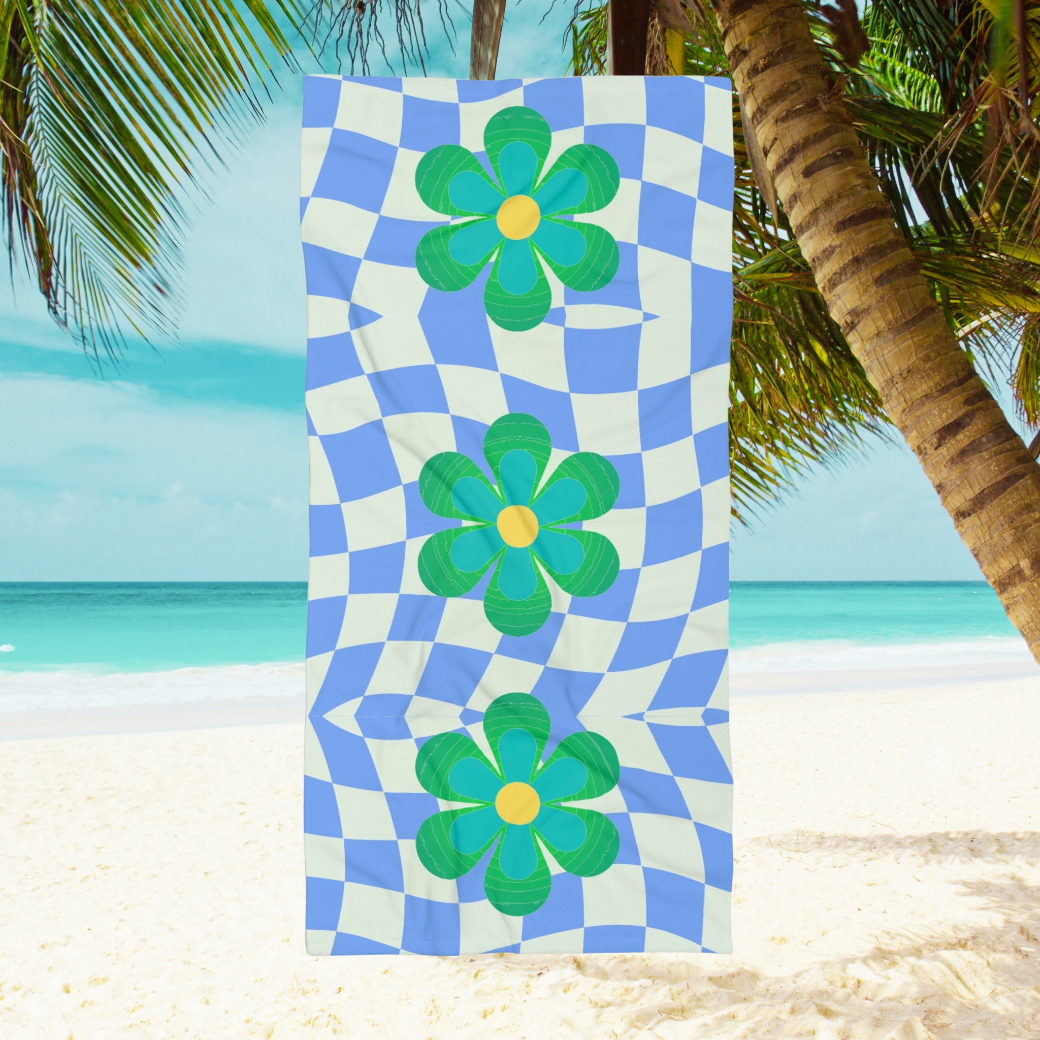Retro 70s Daisy Flower Beach Towel - Blue & Green Checkerboard - Etsy