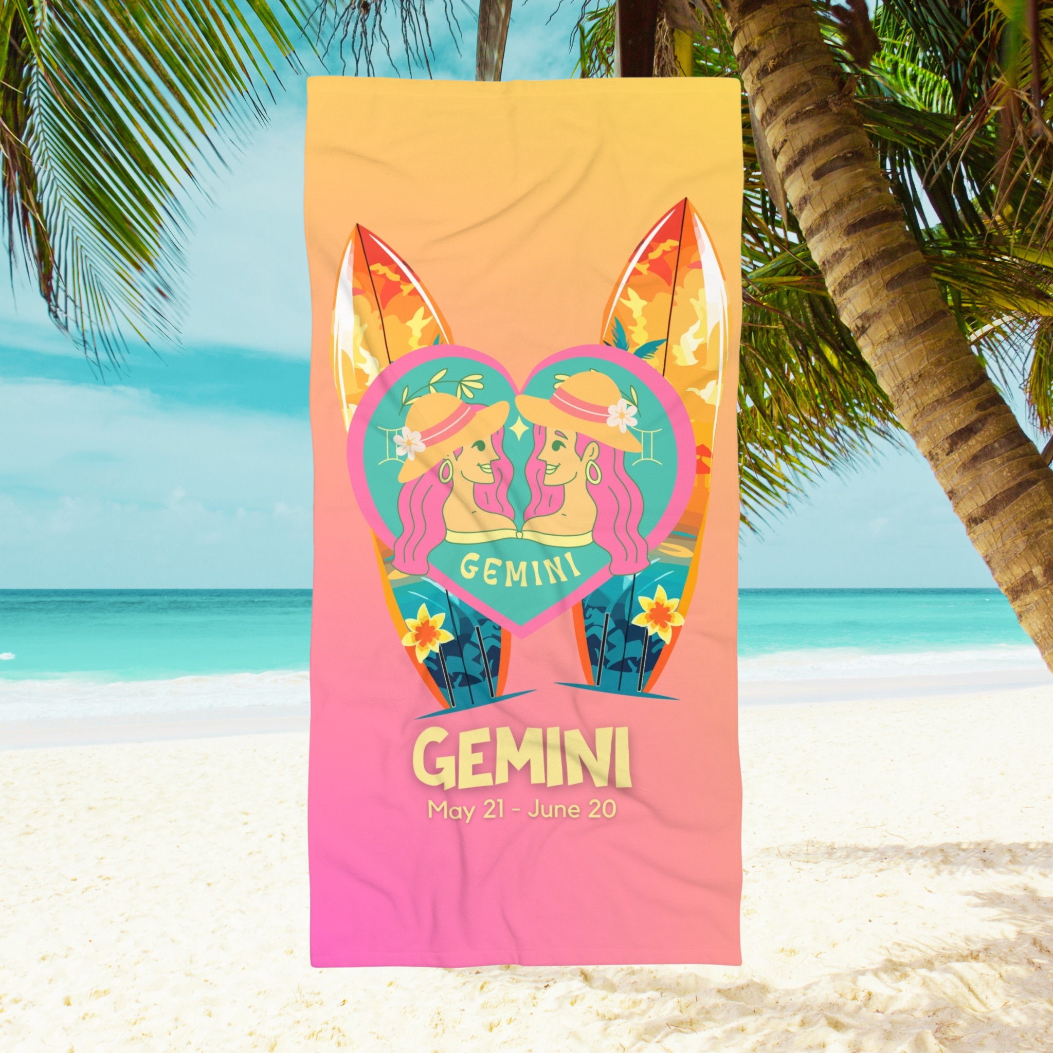 Gemini Zodiac Beach Towel: Pink & Gold Surfboard Design - Etsy