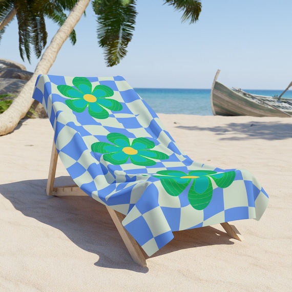 Retro 70s Daisy Flower Beach Towel - Blue & Green Checkerboard - Etsy