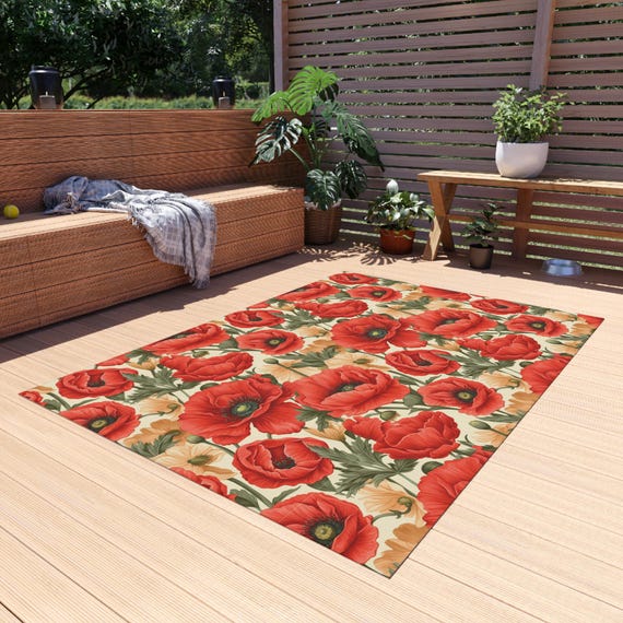 Poppy Floral Outdoor Rug, Vintage Chinoiserie Design - Etsy