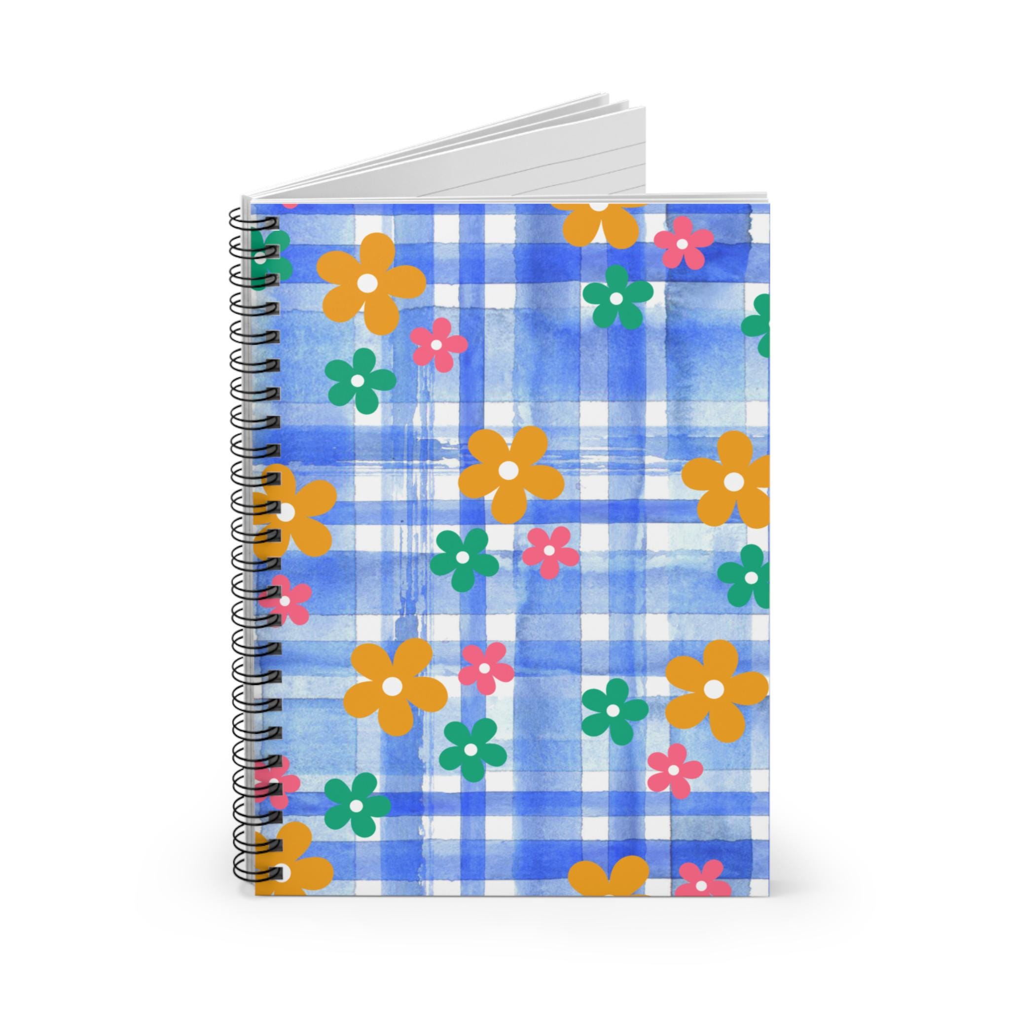 Blue Plaid Retro Flowers Spiral Notebook - Ruled Line - Etsy