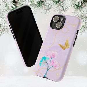 iPhone Case: Pastel Pink & Floral Petals Golden Butterfly