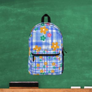 Sac à dos à carreaux bleu avec fleurs rétro pour la rentrée