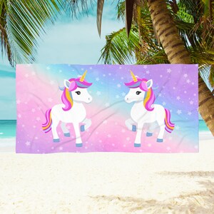 Kids Beach Towel: Unicorns Two Child Girl Beach Towel Purple Pink White Sparkles Oversized Quick Drying 2 Sizes Twins