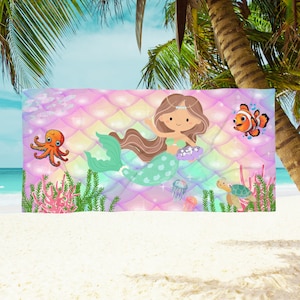 Kids Beach Towel: Mermaid and Fish (Option 1) Girl Child Oversized Quick Drying Pink Beach Towel 2 Sizes