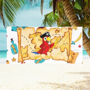 Serviette de plage pour enfants : carte de pirate avec perroquet Boy Gir Serviette de plage surdimensionnée pour enfants jaune et blanc doux à séchage rapide 2 tailles